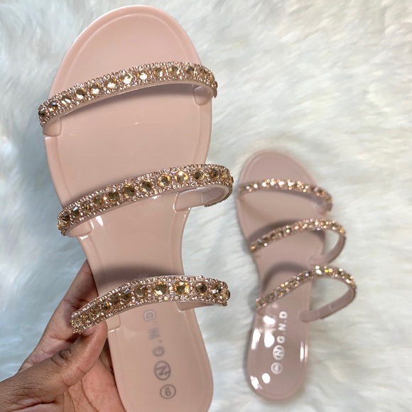 Shoes - Nude 3 Strap Studded Sandals